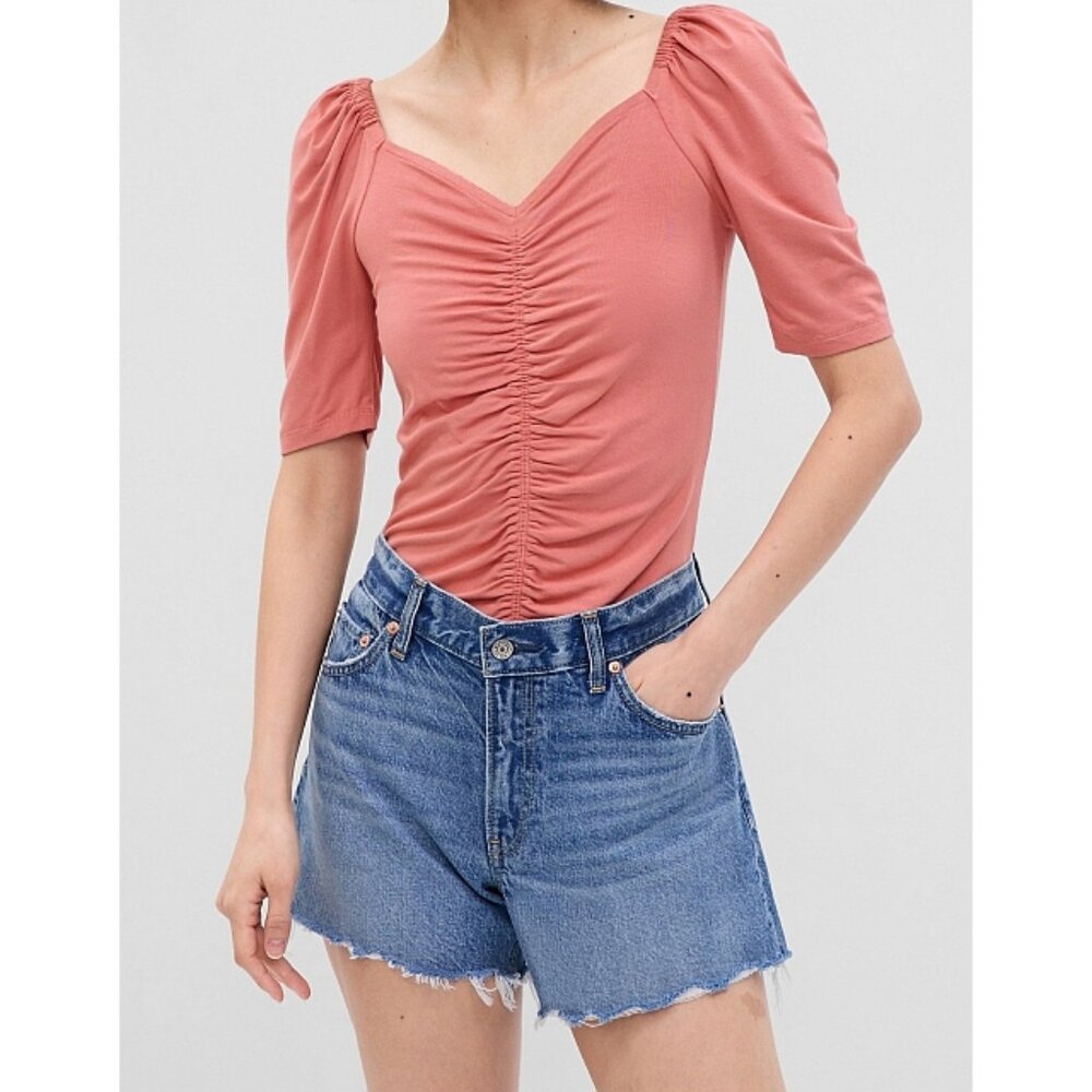 GAP Puff Sleeve Ruched Shirt Desert Sand Scrunched Gathered Sweetheart Bust Top